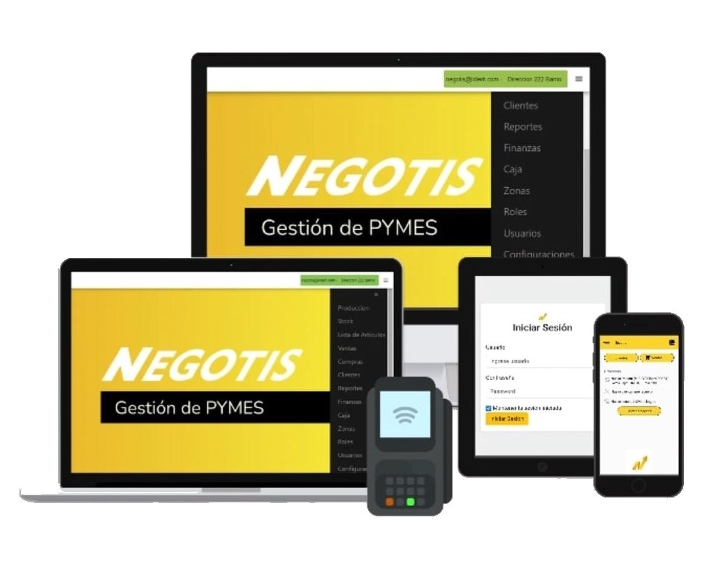 Interfaces reales de Negotis en computadora, notebook, tablet, teléfono y terminal de cobro